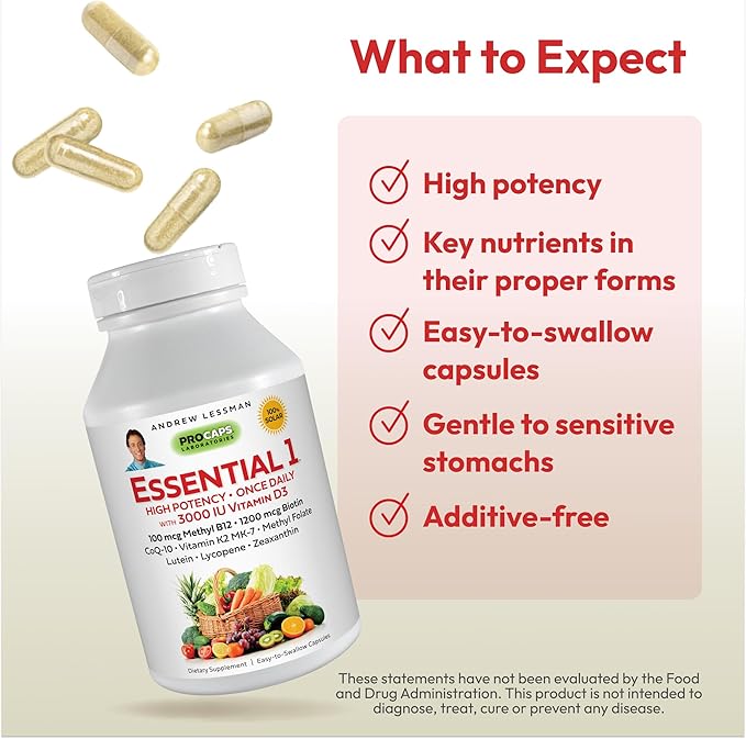 ANDREW LESSMAN Essential-1 Multivitamin 3000 IU Vitamin D3 360 Small Capsules – 100 mcg Methyl B12. CoQ10 Lutein Lycopene Zeaxanthin. High Potency. No Additives. Gentle Ultra-Mild. One Daily Capsule