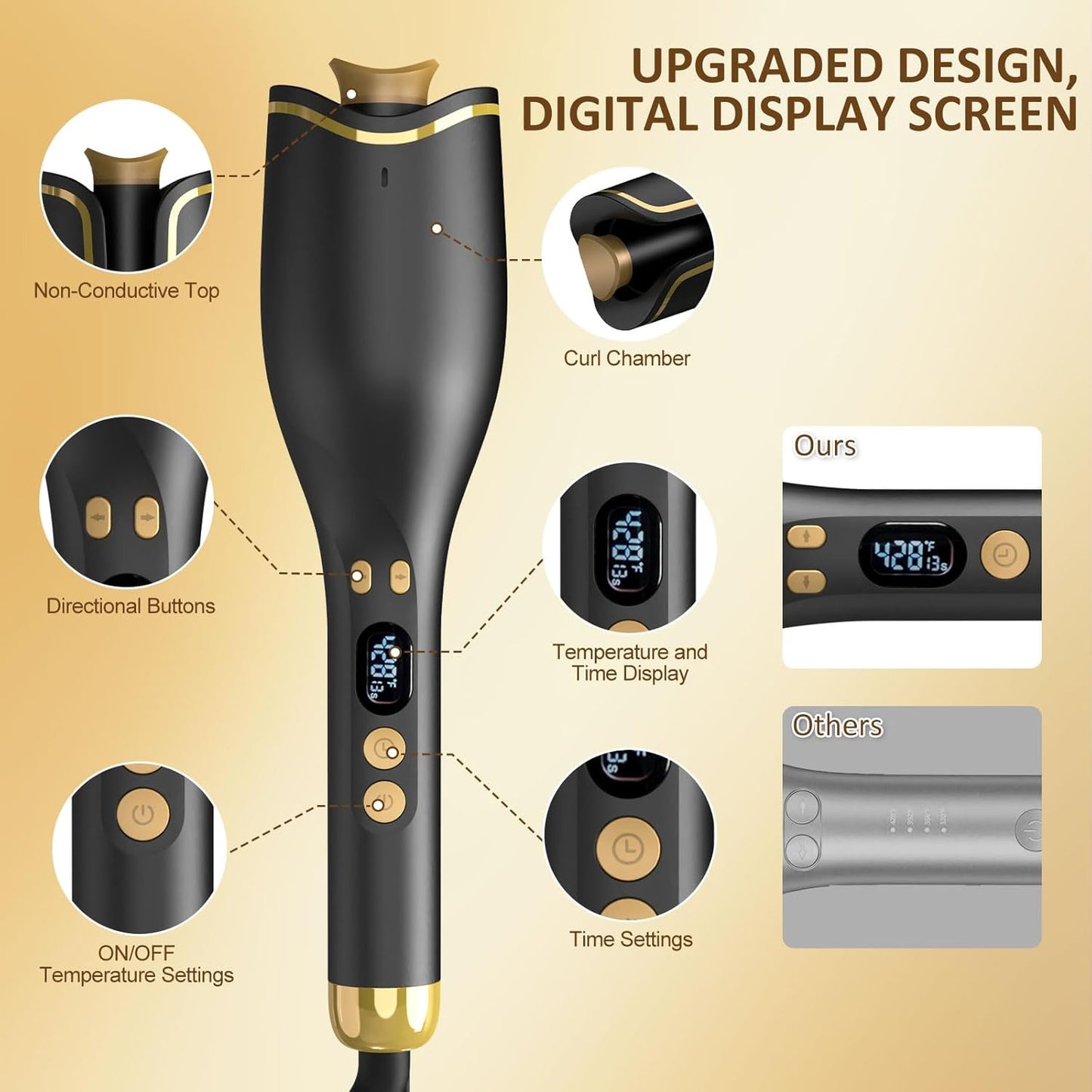 Automatic Curling Iron, Hair Curler 1" Large Slot, 4 Temperature Settings, 12s-19s Timers, Dual Voltage, Anti-Scald, Anti-Tangle, Auto Shut-Off, LCD Display, Fast Heating Easy for Use, Black