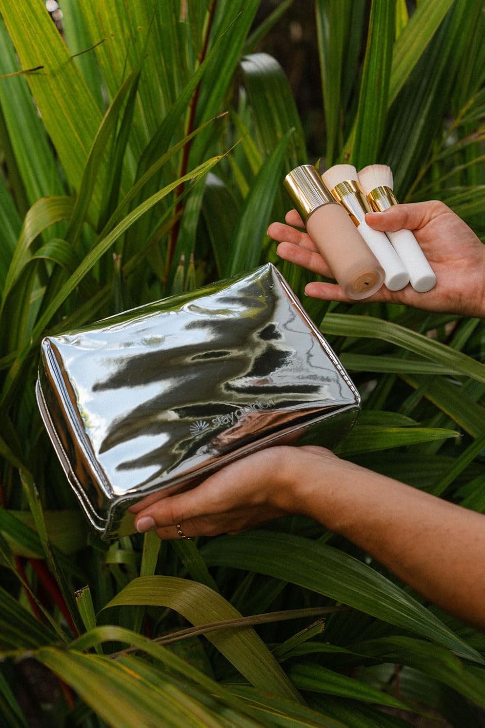 Stay Golden Insulated Waterproof Makeup Bag for Women Heat-Resistant Travel Cosmetic & Toiletry Bag | Luxurious Vegan Leather Portable Makeup Organizer - (Silver Zipper, Metallic Silver)