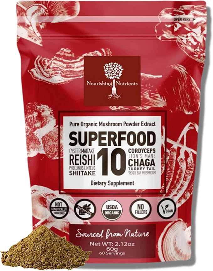 Organic Mushroom Powder Extract -Superfood 10 14x Stronger 100% Pure 60 Grams