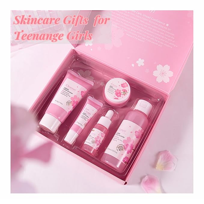 Korean Skin Care Set - Sakura Skin Care Sets & Kits - Women Gift Sets with Cleanser-Toner-Serum-Face Cream-Eye Cream-Skin Care Routine Kit for Women (One Size, Cherry Blossom-Start Kit)
