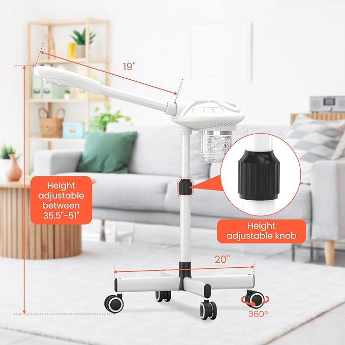 TASALON Professional Facial Steamer with Ozone, Vapor ozono Facial Steamer Professional for Clean Skin, Firm Pores, Esthetician Steamer for Home or Salon Use, Adjustable Height and Angle,White