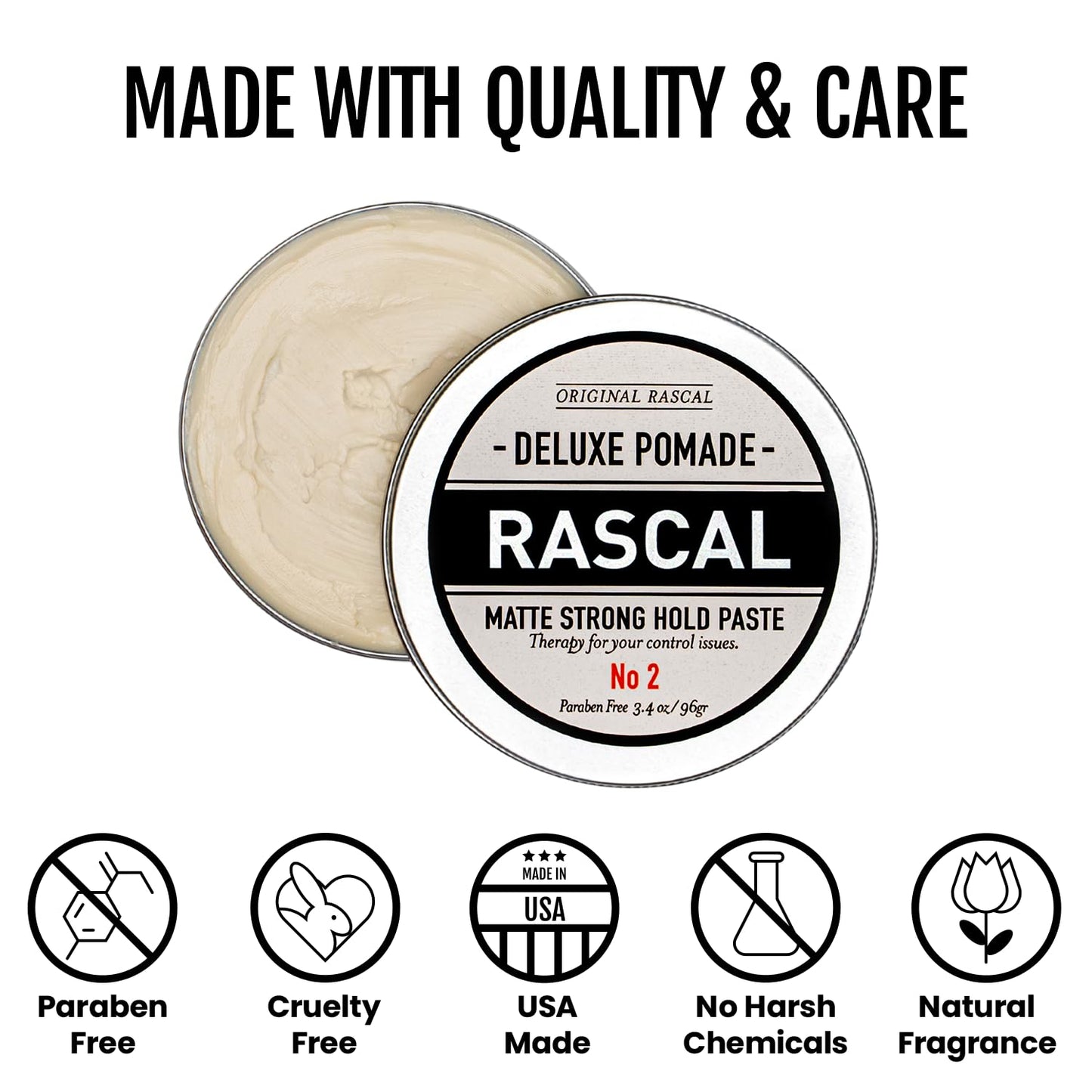 Original Rascal Deluxe Pomade for Men #2 - Matte Hair Paste with Strong Hold & Light Shine - Men's Styling Solutions Products for All Hair Types - Natural Infused with Beeswax & Lanolin Wax