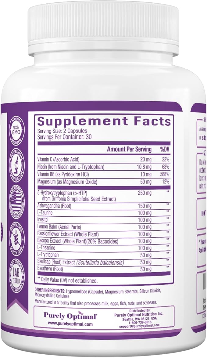 Purely Optimal Premium 5-HTP Plus Supplement 250mg Maximum B6, Gluten 60 Veggie