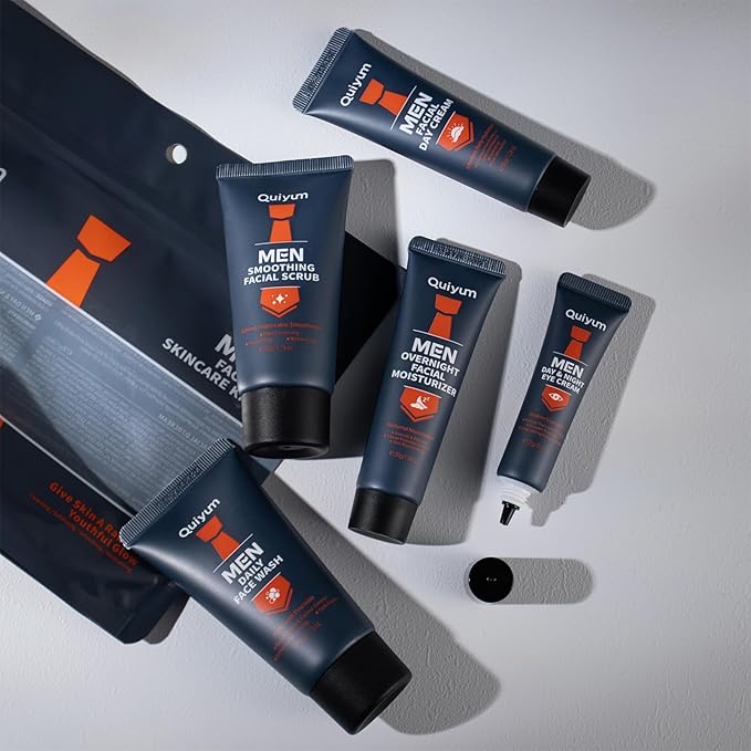 Mens Gifts for Christmas, Mens Skin Care Set, Mens Facial Care Kit, Anti-Aging Skin Care Routine for Men: Face Wash, Scrub, Men's Evening Moisturizer & Day Cream, Eye Cream Beauty Gifts for Him 5-Pack