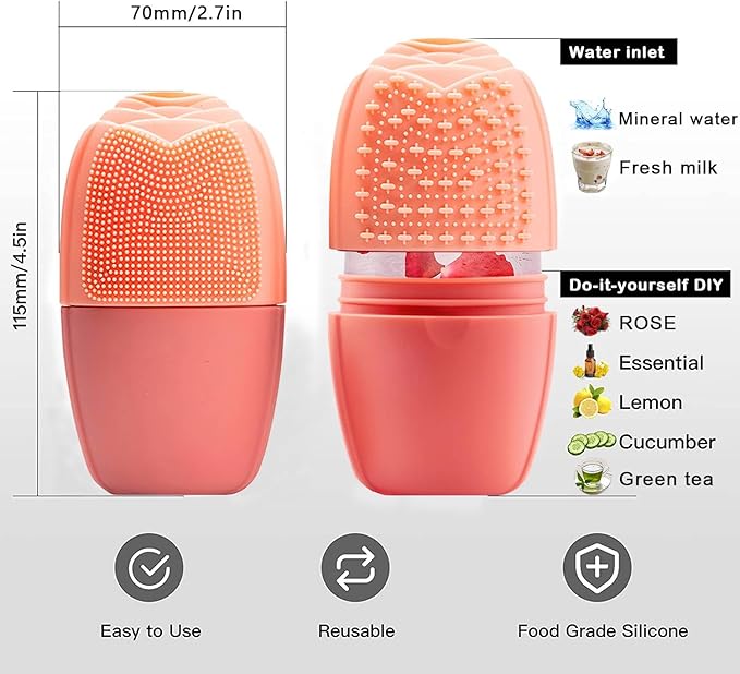 KOGITI Face Ice Roller & Mold - Beauty Facial Massage Tool for Puffiness Relief, Ice Cube Holder (Pink)