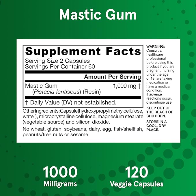 Jarrow Formulas Mastic Gum 1000 mg, Dietary Supplement for Gastrointestinal Health Support, 120 Veggie Capsules, 60 Day Supply