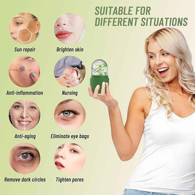 Upgraded Facial Ice Roller for Self Skin Care of all Types, Cold Face Ice Roller Facial Massager for Shrink Pores Anti Wrinkle Reduce Puffiness Improve Skin Elasticity, Striped (Green)