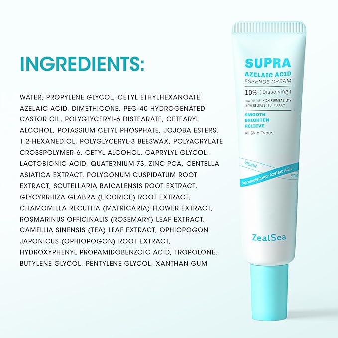 ZealSea 10% Azelaic Acid Facial Cream - Azelaic Acid Serum with AHA & Pionin for Face, Relief Pimple, Breakouts, Blackhead & Redness, Azelaic Acid Gel Clarify Skin Soothe Irritation, 1 Oz
