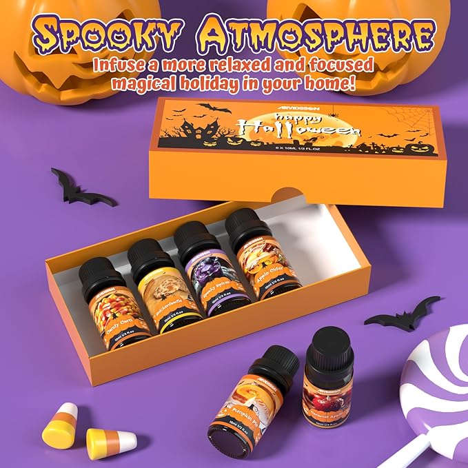 Halloween Fragrance Oils Set, ARVIDSSON Halloween Essential Oils for Candle Making, Spooky Scented Oil for Diffuser, Pumpkin Pie, Candy Corn, Snickerdoodle, Caramel Apple, Spooky Spices, Apple Cider
