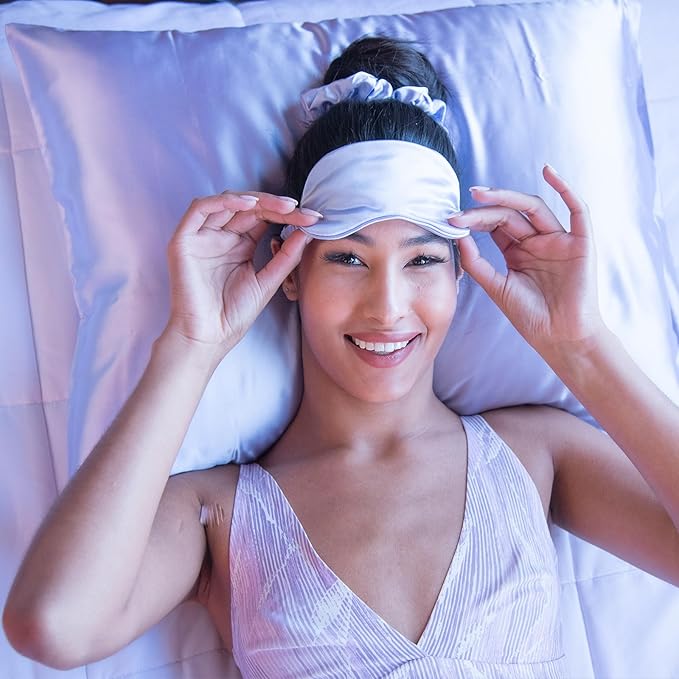 Vegan Silk Sleep Set, Silky Pillowcase with Large Scrunchie and Eye Mask for Hair and Skin, Self Care Essential Satin Night Routine Kit (Purple Color)