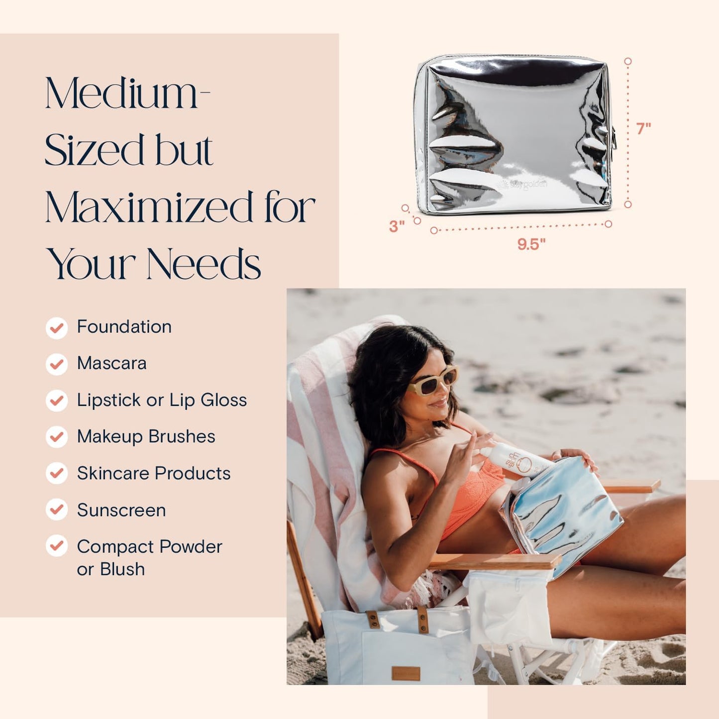 Stay Golden Insulated Waterproof Makeup Bag for Women Heat-Resistant Travel Cosmetic & Toiletry Bag | Luxurious Vegan Leather Portable Makeup Organizer - (Silver Zipper, Metallic Silver)