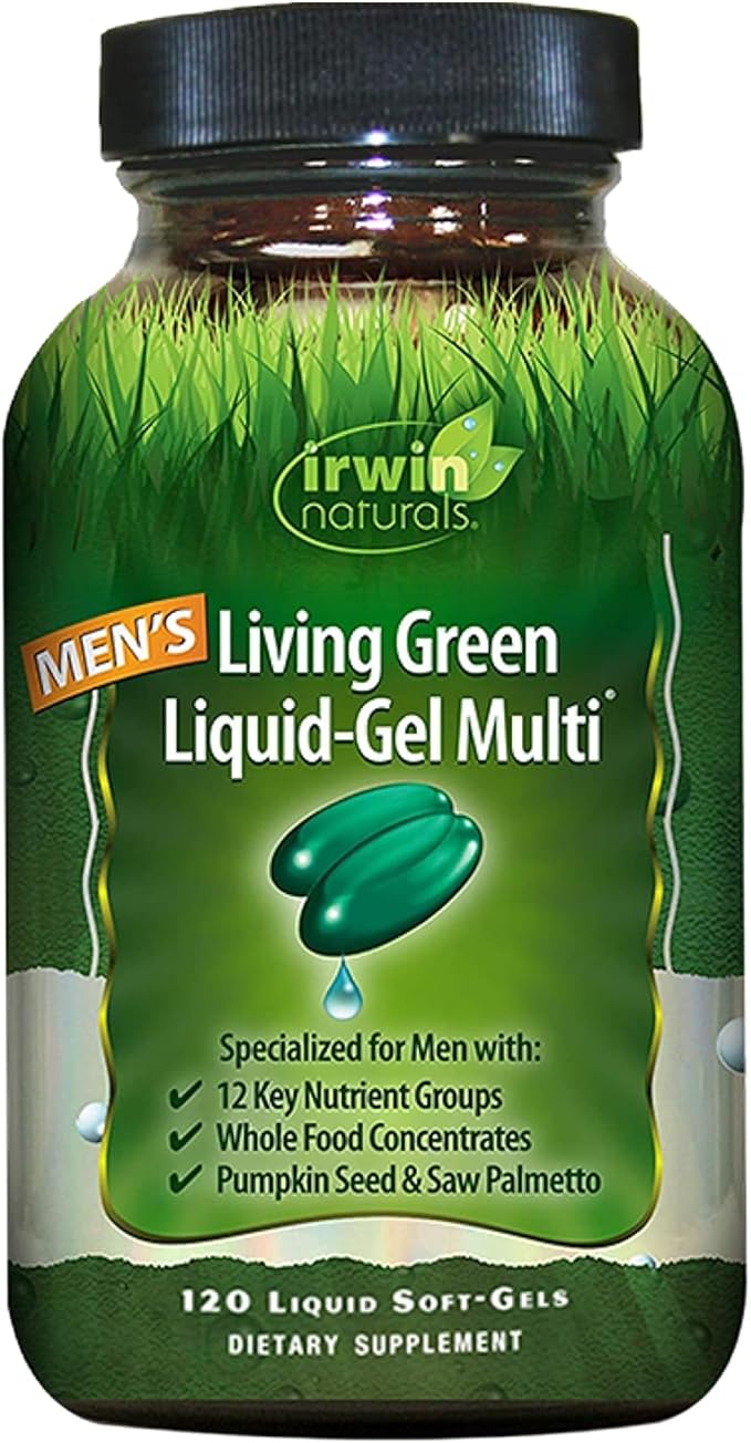 Irwin Naturals Men's Living Green Liquid-Gel Multi - 70 Essential Nutrients, Full-Spectrum Vitamins, Wholefood Blend - Targeted Adrenal & Brain Support - 120 Liquid Softgels
