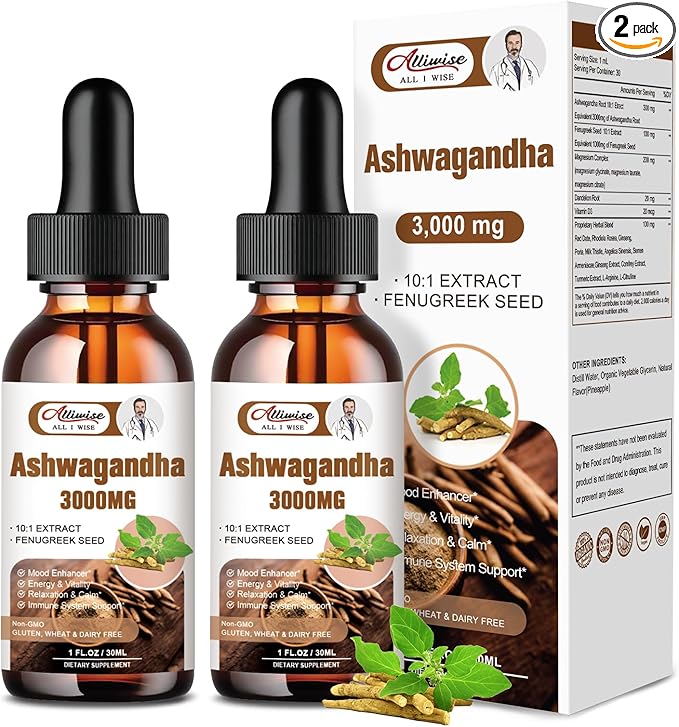 2 Pack Ashwagandha Supplement Liquid Drops 3000mg with VitaminD3,Fenugreek Seeds,Magnesium
