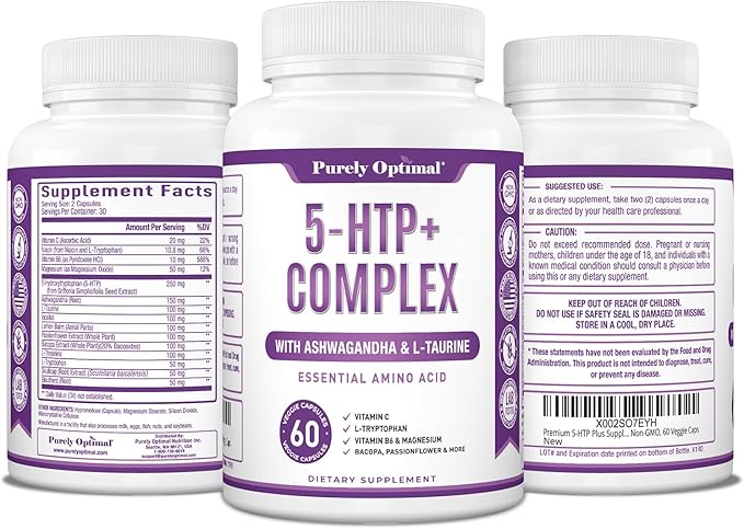 Purely Optimal Premium 5-HTP Plus Supplement 250mg Maximum B6, Gluten 60 Veggie
