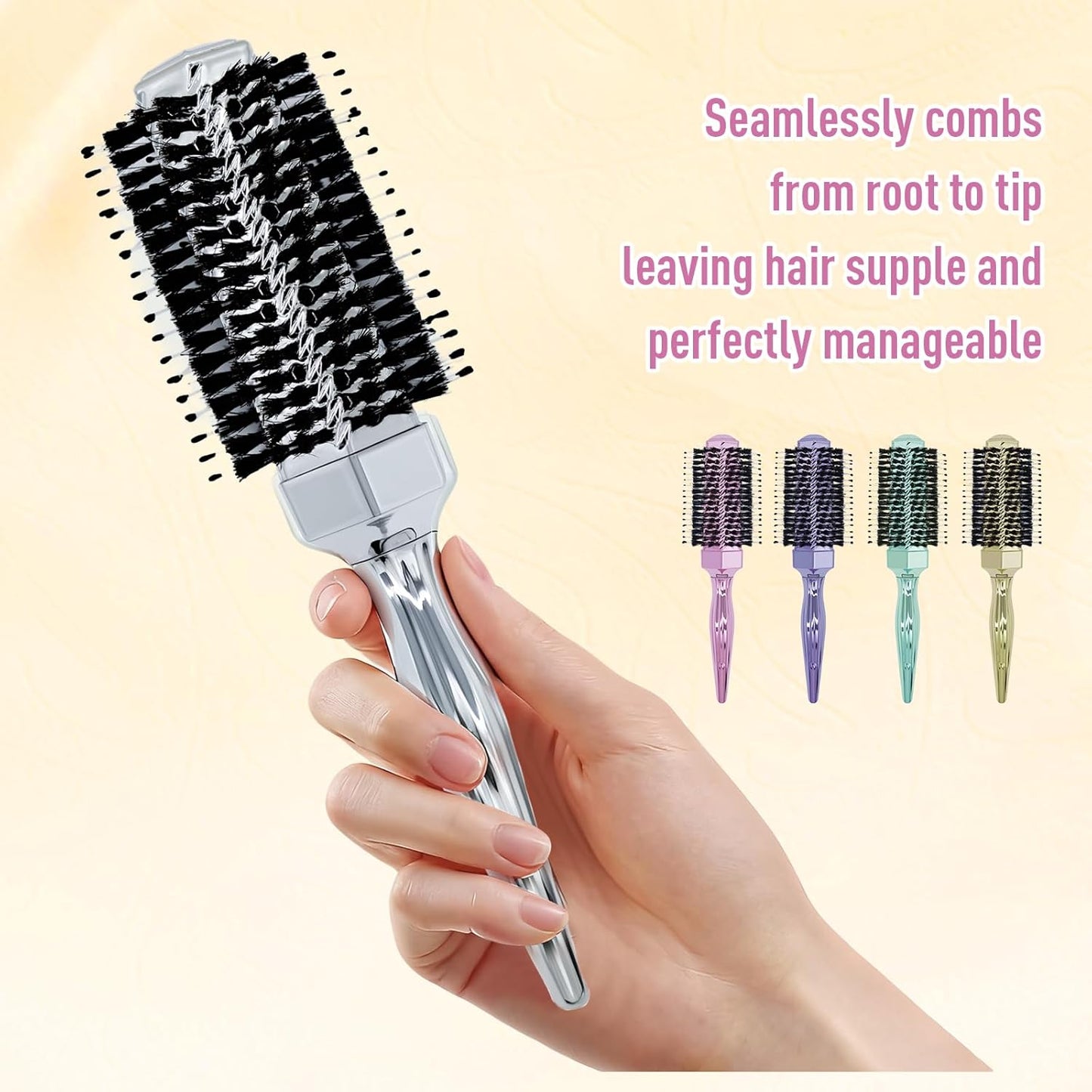 Round Hair Brush with Wild Boar Bristles – Specialized for Blowouts & Styling at Home or Salon, Suitable for All Hair Types.Purple