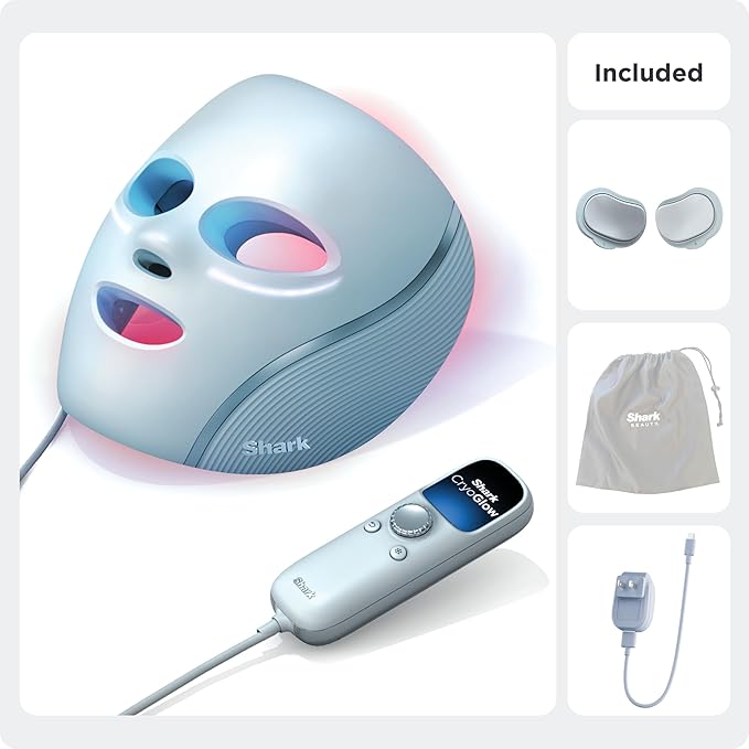 Shark CryoGlow LED Face Mask (FSA/HSA Eligible*) with Under-Eye Cooling, Anti-Ageing & Blemish Repair, Red & Blue LED, Infrared Light Therapy, USB-C, Remote Control, Storage Bag, Blue Frost, FW312