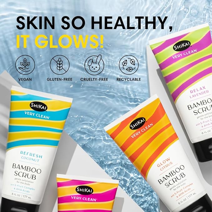 ShiKai Very Clean Bamboo Body Scrub (Refresh Coconut, 6 oz) | Gentle Hydrating & Exfoliating Skin Cleanser | With 5 Fruit Complex & AHA Acids