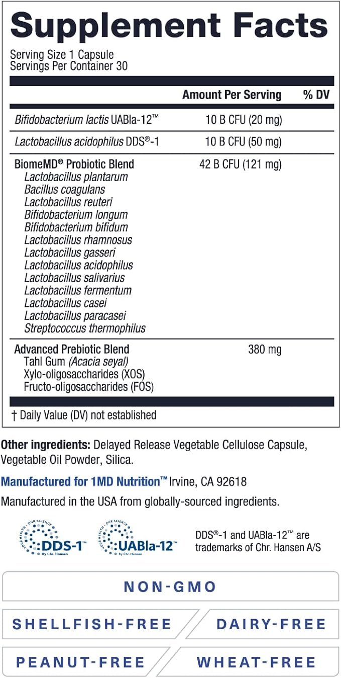 1MD Nutrition BiomeMD Probiotics 62 Billion 15 Comprehensive 60 Capsules