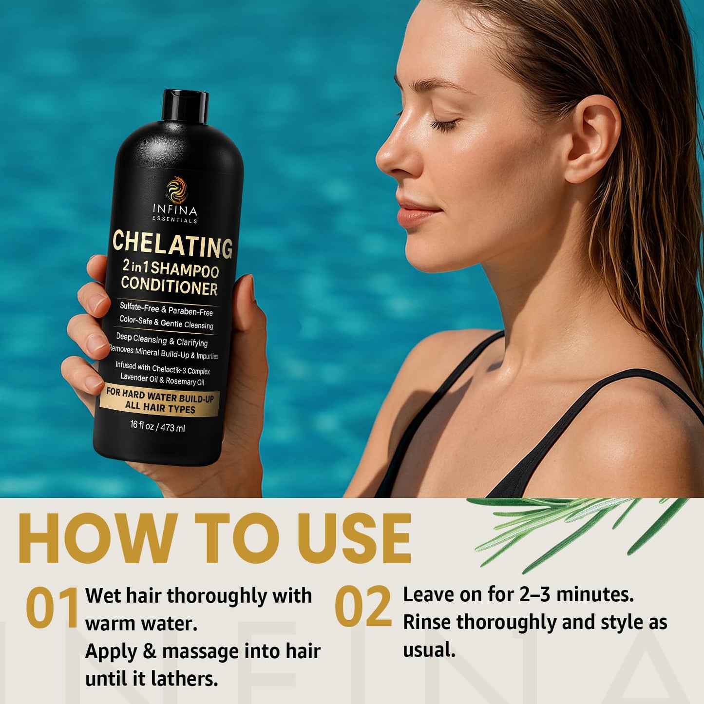 Hard Water Shampoo and Conditioner – 2-in-1 Chelating Cleanser for Buildup Removal, Soft & Shiny Hair – With Chelactik-3 Complex, Amodimethicone & Rosemary Oil – Sulfate-Free - Color Safe – 16 fl oz