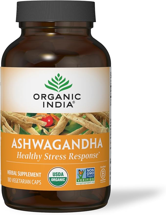 ORGANIC INDIA Ashwagandha Capsules - Organic Ashwagandha Supplement - Vegan Ashwagandha Root, Gluten-Free, Kosher, Non-GMO, Supports Stress Relief, Energy, and Sleep - 180 Capsules