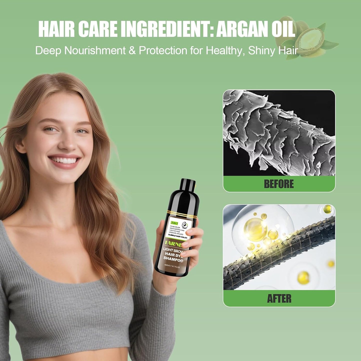 FARNDU Light Brown Hair Dye Shampoo 3 in 1 with Argan Oil – 10-15 Min Gray Coverage, Natural Instant Hair Color Shampoo for Women and Men, Long-Lasting Up to 6 Months