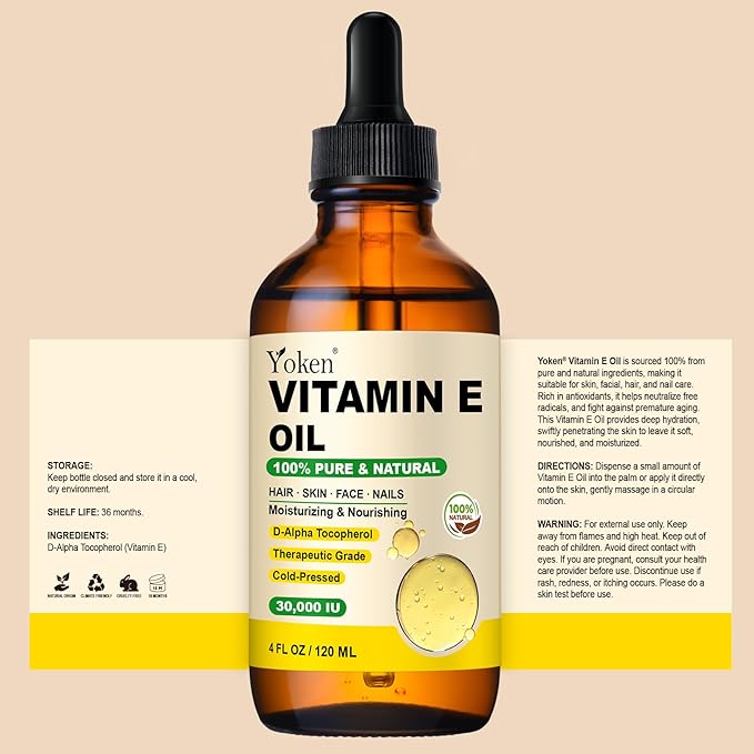 Vitamin E Oil 4 Fl Oz Organic Vitamin E oil for Skin 30,000 IU Vitamine oils for Scars Hair, Face, Nail, Scalp Perfect Bath and Body Oil, Cold Pressed Hexane Free Non-GMO Gluten Free Formula