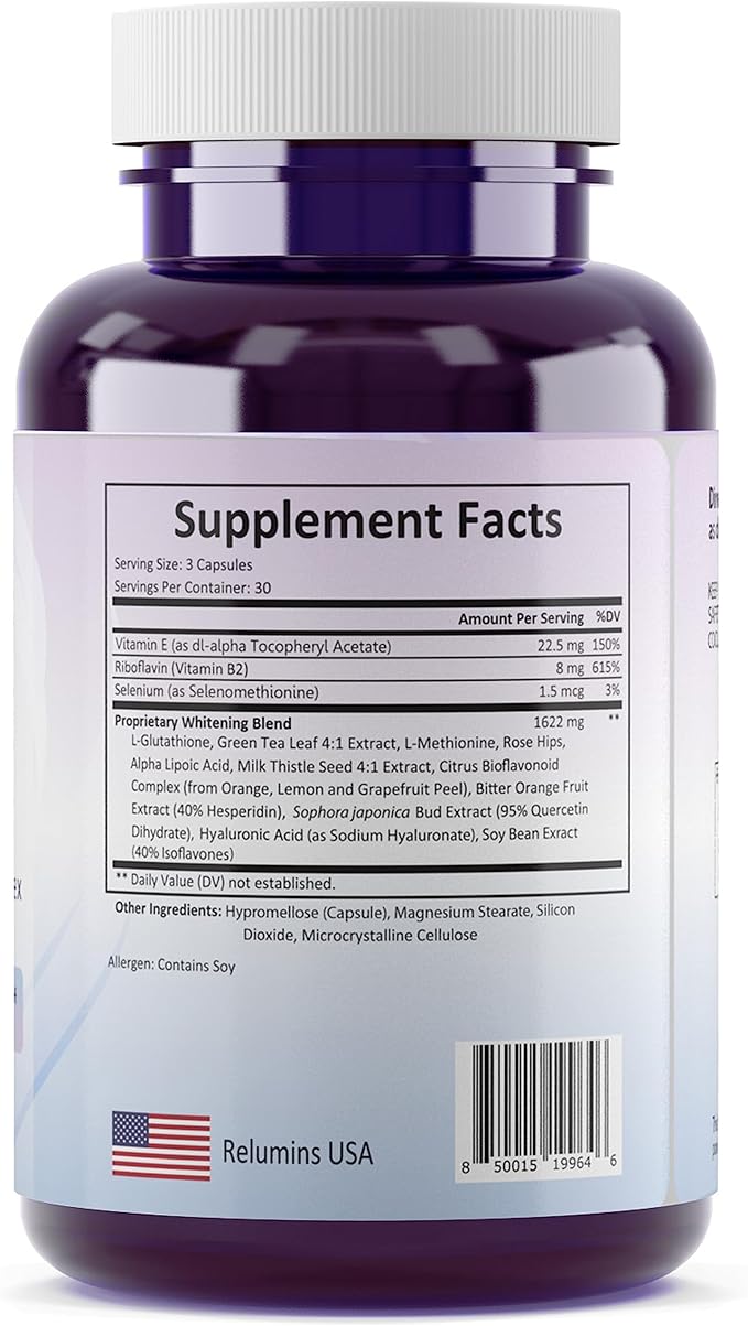 Relumins 1650mg L-Glutathione Complex with Hyaluronic Acid, Alpha Lipoic Acid, Rose HIPS, Vitamin E & Riboflavin – Antioxidant Support, Skin Hydration & Wellness – 90 Veggie Capsules x 2 Bottles
