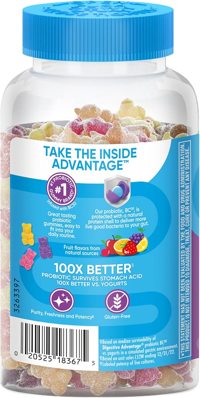 Digestive Advantage Probiotics For Digestive Health, Probiotic Gummies & Vit D, Daily Probiotics For Women &Men Occasional Bloating, Minor Abdominal Discomfort & Gut Health, 80ct Natural Fruit Flavors