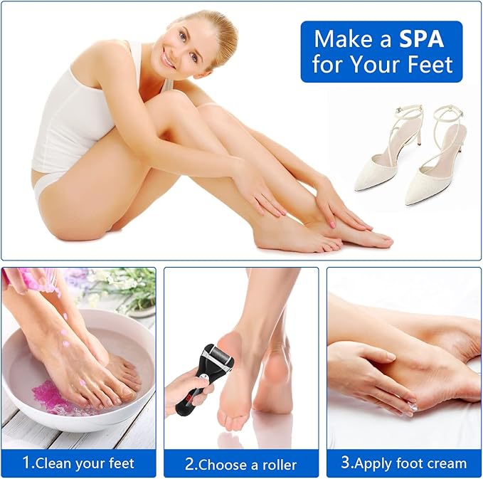 Electric Foot Callus Remover Kit, Elmchee Rechargeable Pedicure Tools Foot Care Feet File with 3 Roller Heads,2 Speed,Battery Display for Remove Cracked Heels Calluses and Dead Skin(Black)