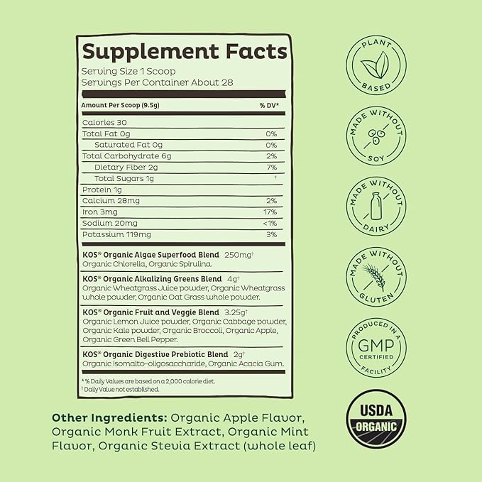 KOS Organic Super Greens Powder Erythritol Free 28 Servings
