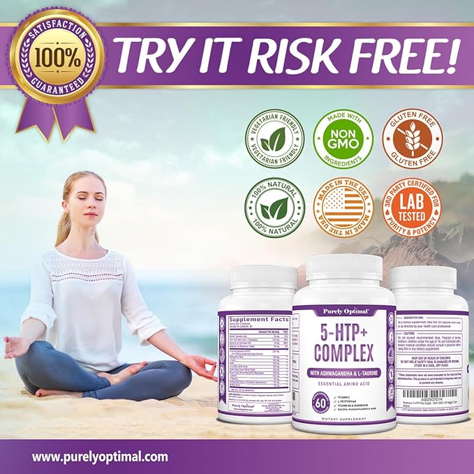 Purely Optimal Premium 5-HTP Plus Supplement 250mg Maximum B6, Gluten 60 Veggie