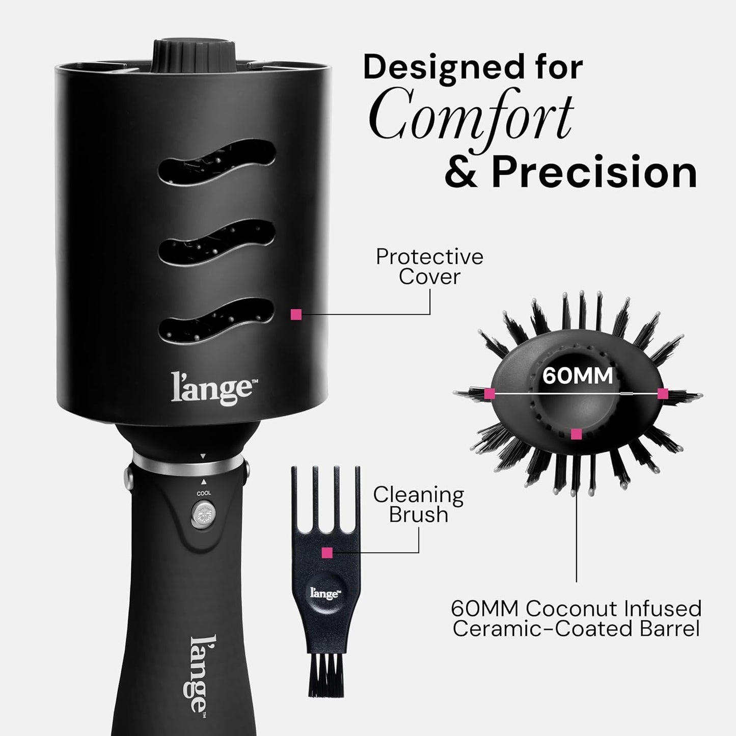 L'ANGE HAIR VolumeBoost 60mm 2-in-1 Ceramic Volumizing Brush Dryer | Fast Drying & Styling for Frizz-Free, Voluminous Blowouts | Ceramic-Coated Barrel (Black)