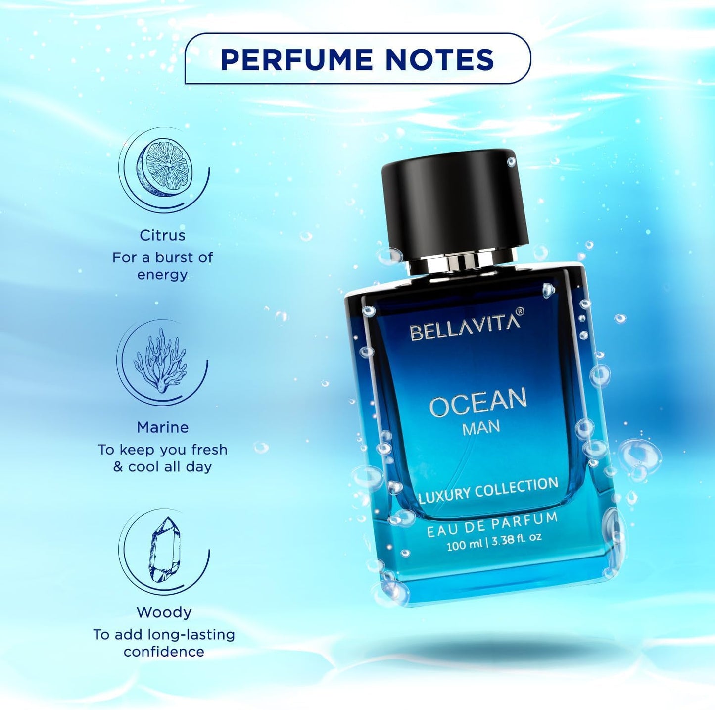 BellaVita Luxury OCEAN Eau de Perfume for Men (100ml) | Fresh Aquatic Fragrance | Notes: Aqueous, Bergamot, Orchid & Jasmine | Masculine Aromatic Fragrance | Mens Parfum Gift