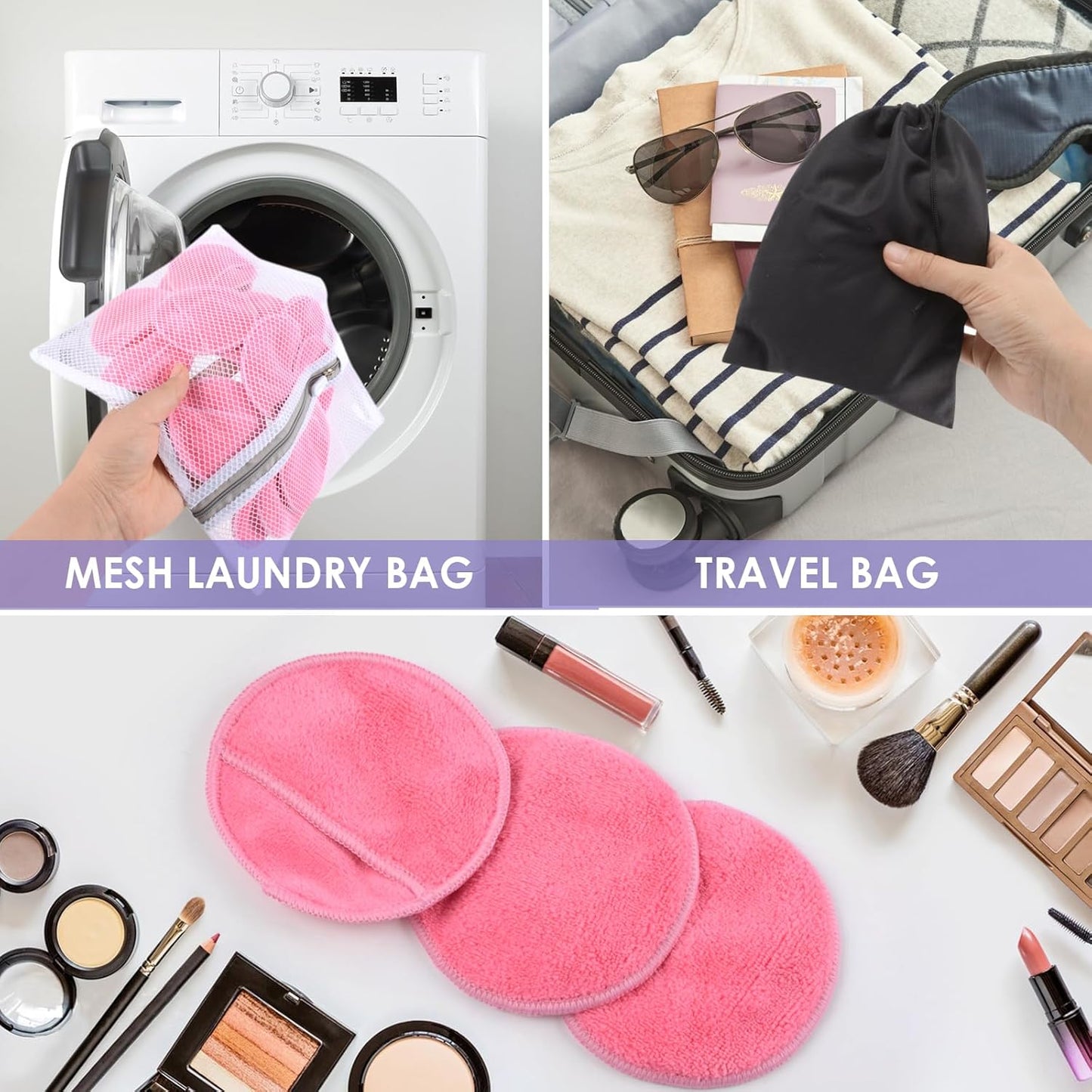 SUNLAND Reusable Makeup Remover Pads for Face,Eye,Lips 16 Pack Microfiber Face Cleansing Gloves Washable with Laundry Bag and Travel Bag Rounds Toner Pads(Round 3.15inchx16 Pink)