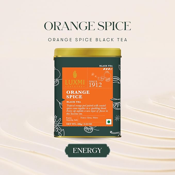 Luxmi Estates - Orange Spice - Organic Black Darjeeling Tea - Loose Leaf - 100g (50 cups) | Limited Fall Tea | Special Edition Autumn Tea | Smooth, Flavorful, Robust and Caffeinated