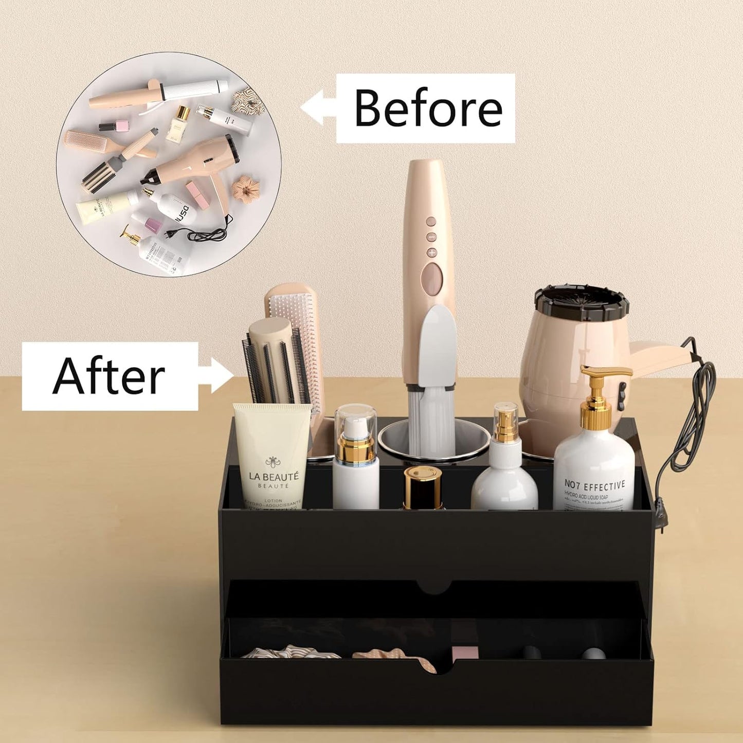 NIUBEE Hair Tool Organizer, Black Acrylic Hair Dryer and Styling Organizer with Drawer, Bathroom Countertop Blow Dryer Holder, Vanity Caddy Storage Stand for Accessories, Makeup, Toiletries