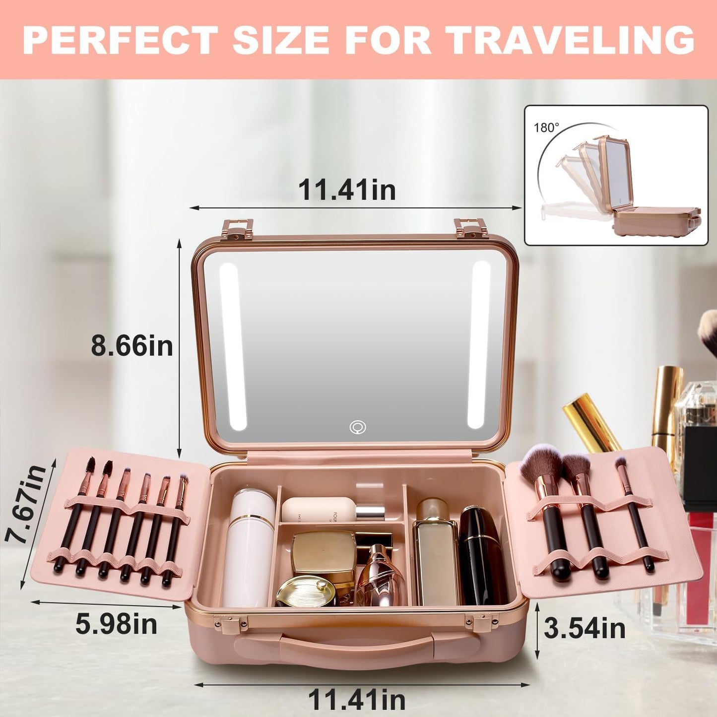 Mocado Travel Makeup Case with Lighted Mirror, 8 Makeup Brushes & 10x Magnifying Mirror, Adjustable Brightness Train Case (Pink)