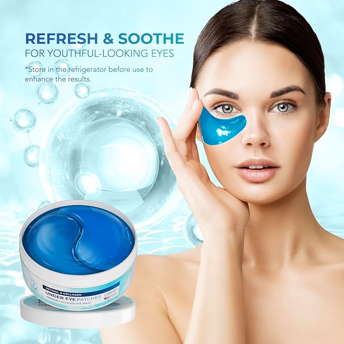 Under Eye Patches for Dark Circles: Under Eye Mask for Wrinkles - Eye Bags - Fine Lines - Puffy Eyes - Gel Mask - Amino Acid - Hydrolyzed Collagen - Anti Wrinkle Patches - Blue Eye Patches - 30 Pairs