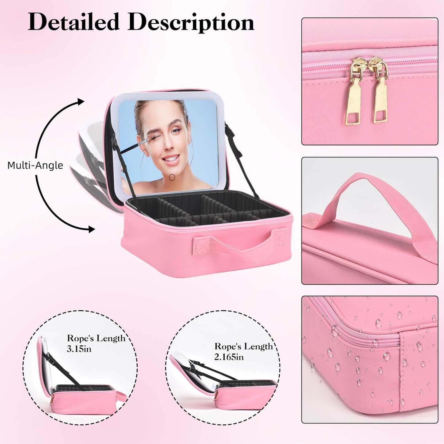 Travel Makeup Bag With LED Mirror,Cosmetic Train Case with 3 Color Setting,Cosmetic Makeup Organizer Bag with Adjustable Dividers,Portable Make up Box with Make up Brushes Holder Storage(Pink)