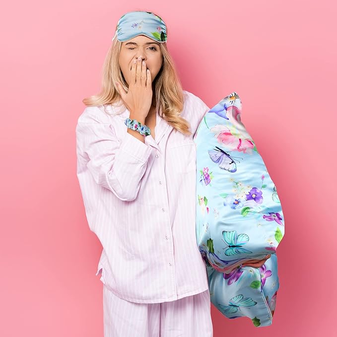 2 Pack Satin Pillowcase with Latent Zipper, Adjustable Satin Eye Mask for Sleeping and Satin Volume Scrunchie for Hair and Skin, Standard Size (Light Blue,Flower Style)