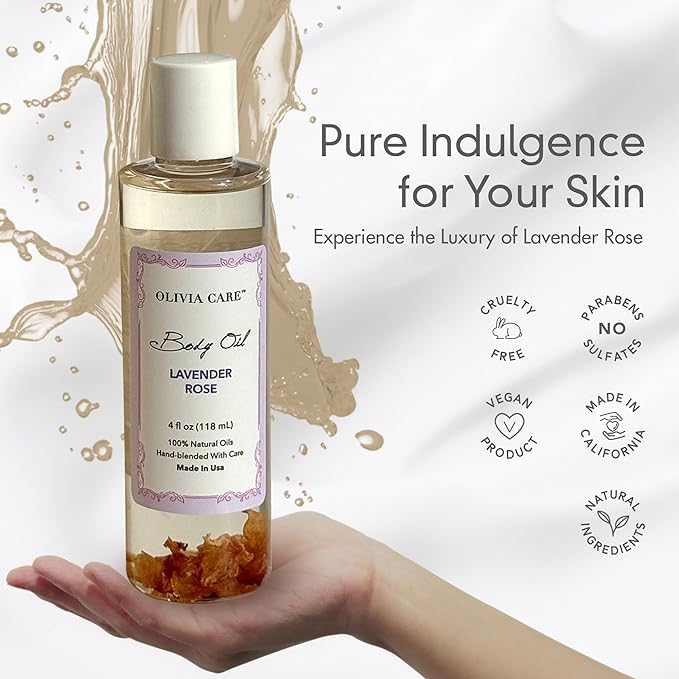 Olivia Care Body Oil Lavender Rose Vegan & Natural Perfume Oil For Women | Hydrating After Bath Oil- Infused with VITAMIN E, K & Omega Fatty Acids - Reduce Dry Skin, Anti-Aging (Lavender Rose)