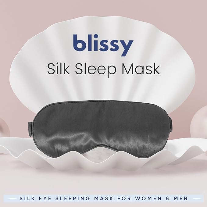 Blissy Silk Sleep Mask - Silk Eye Sleeping Mask for Women & Men for Total Blackout - 100% Pure Mulberry Silk, 22 Momme 6a Fibers - Blindfold Silk Sleep Mask Side Sleeper Eye Cover (Grey)
