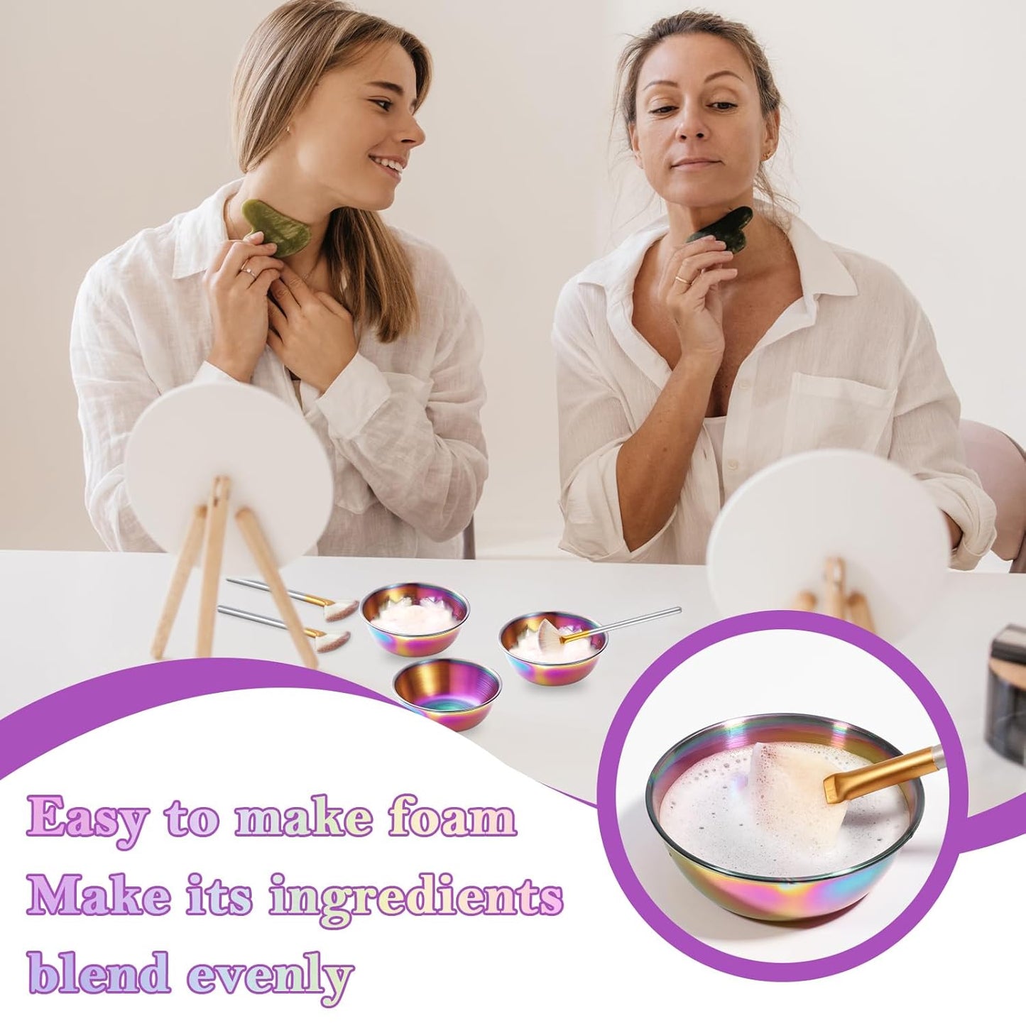 8 Pcs Rainbow Esthetician Supplies 4 Facial Fan Brushes Esthetician 4 Rainbow Stainless Steel Mixing Bowls Face Mask Brush Facial Bowls Esthetician for Mud Cream Makeup Spa Salon Women