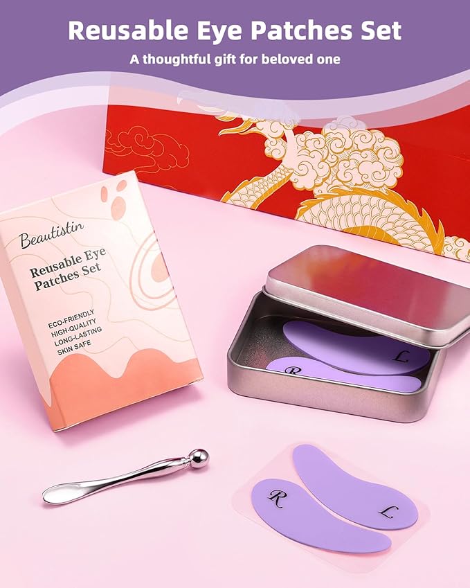 2 Pairs Reusable Under Eye Wrinkle Patches Silicone Mask, Plump Fine Lines & Wrinkles, with Metal Eye Cream Applicator, Tin Case, Purple