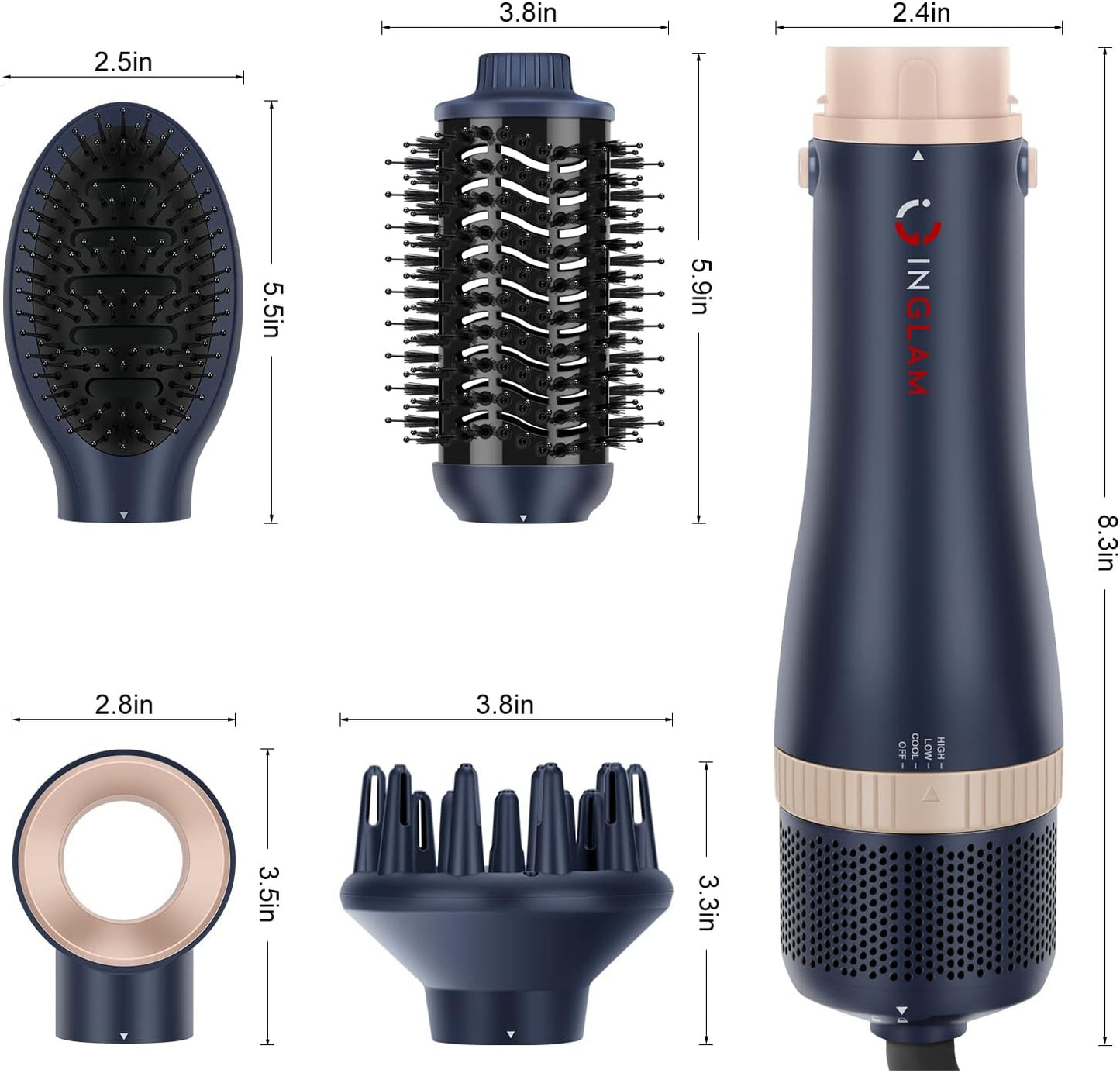 Hair Dryer Brush Set, IG INGLAM 4 in 1 Blowout Brush, Negative Ion Detachable Hair Dryer & Styler Volumizer Hot Air Hair Dryer Brush with 2 Styling Brush Heads, Prussian Blue