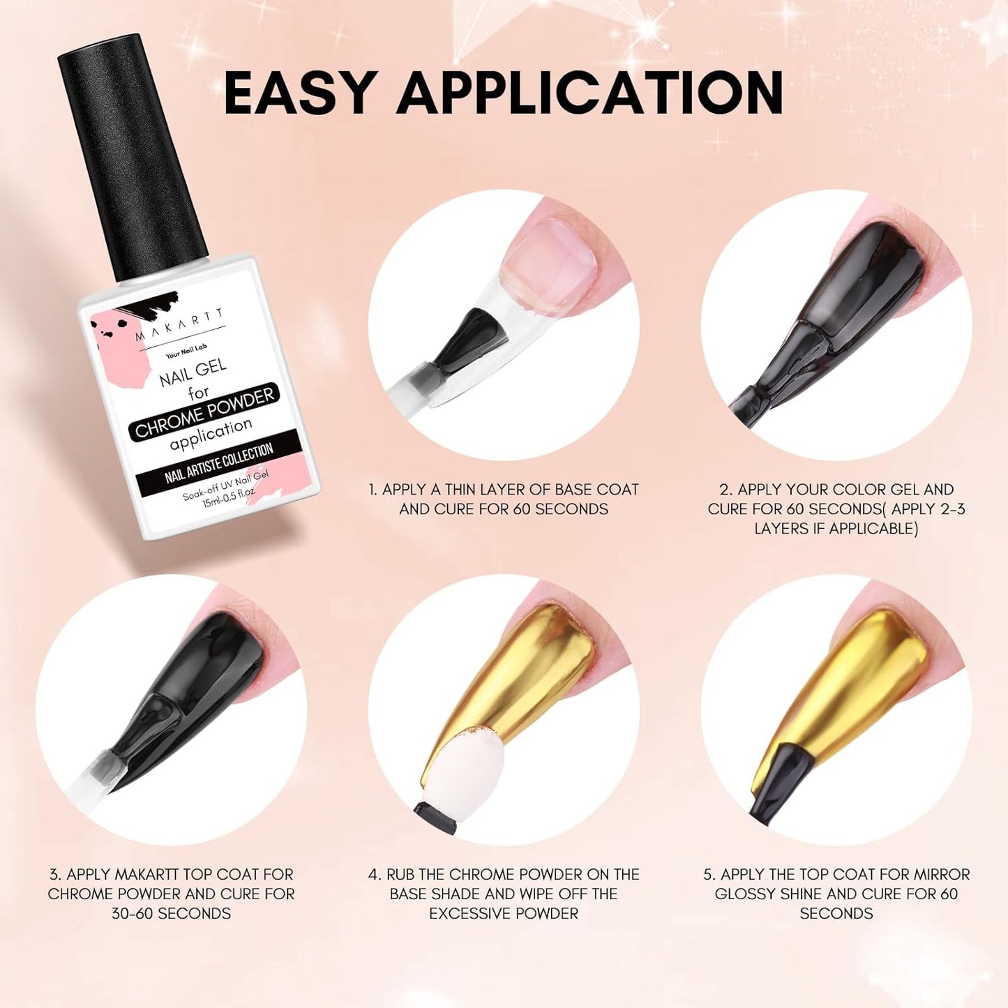 Makartt Gel Top Coat for Chrome Nail Powder - 15ml Clear No Wipe High Gloss Top Coat Gel Nail Polish Mirror Shine Long Lasting Easy Application, Soak off UV Lamp, DIY Home Salon Art Design