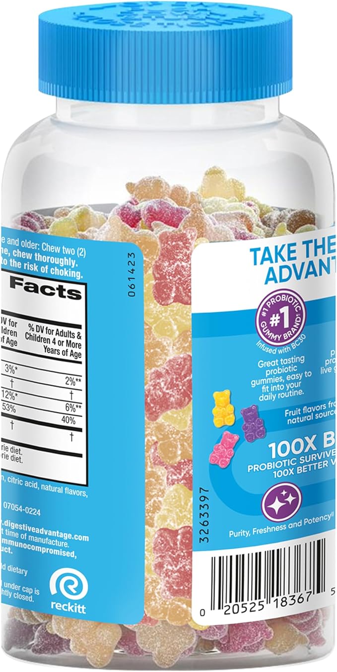 Digestive Advantage Probiotics For Digestive Health, Probiotic Gummies & Vit D, Daily Probiotics For Women &Men Occasional Bloating, Minor Abdominal Discomfort & Gut Health, 80ct Natural Fruit Flavors