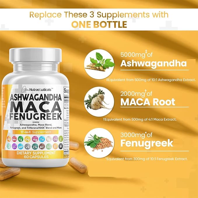 Clean Nutraceuticals Ashwagandha Maca Root Fenugreek 60 Count