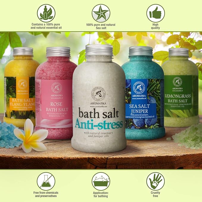 De-Stress Bath Salt 21.16 Oz w/Natural Rosemary & Juniper Oils - Natural Bath Sea Salts 600g - Best for Good Sleep - Relaxing - Calming - Body Care - Beauty - Aromatherapy